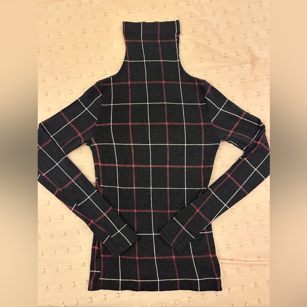 Club Monaco Navy, Red and White Grid Merino Wool Turtleneck Sweater